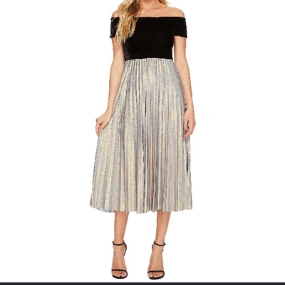 NWT Donna Morgan Off the Shoulder Black Top Gold Dress